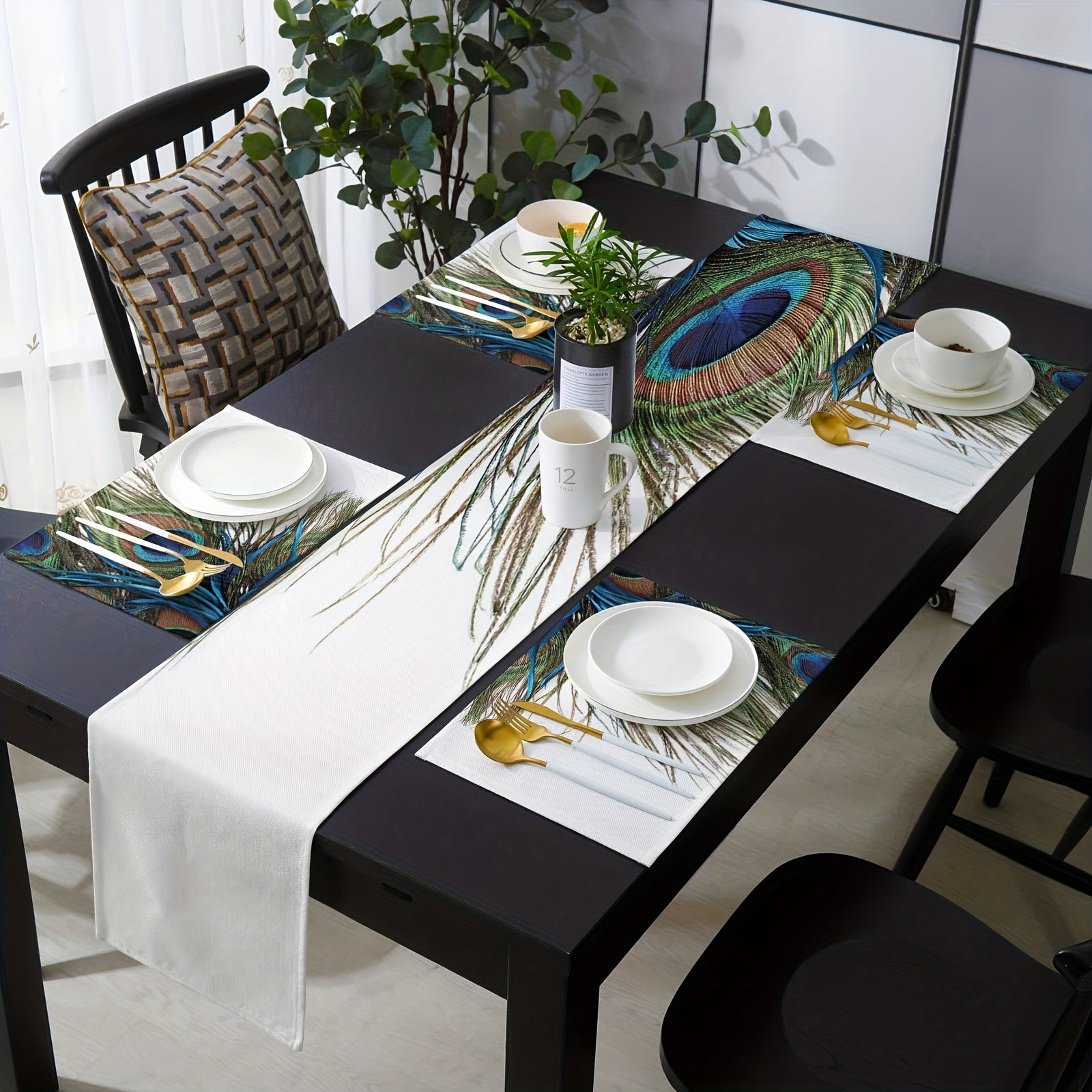 Peacock Feather Table Runner Heat Resistant Linen Mat Dining Room Decor