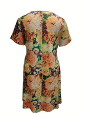 Floral Print V Neck Stretch Dress