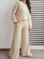 Solid Long Sleeve Top & Wide Leg Pant Set Women's Plus Size