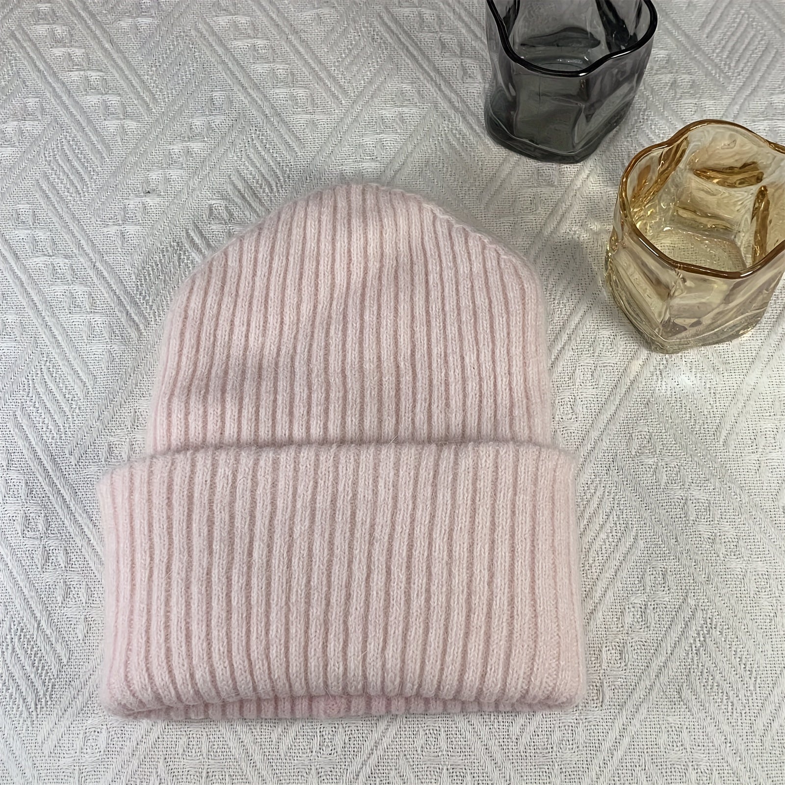Rabbit Fur Blend Knitted Beanie Hat Warm Ear Protection