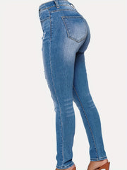 Ripped Asymmetric Mid Waist Button Fly Stretch Jeans