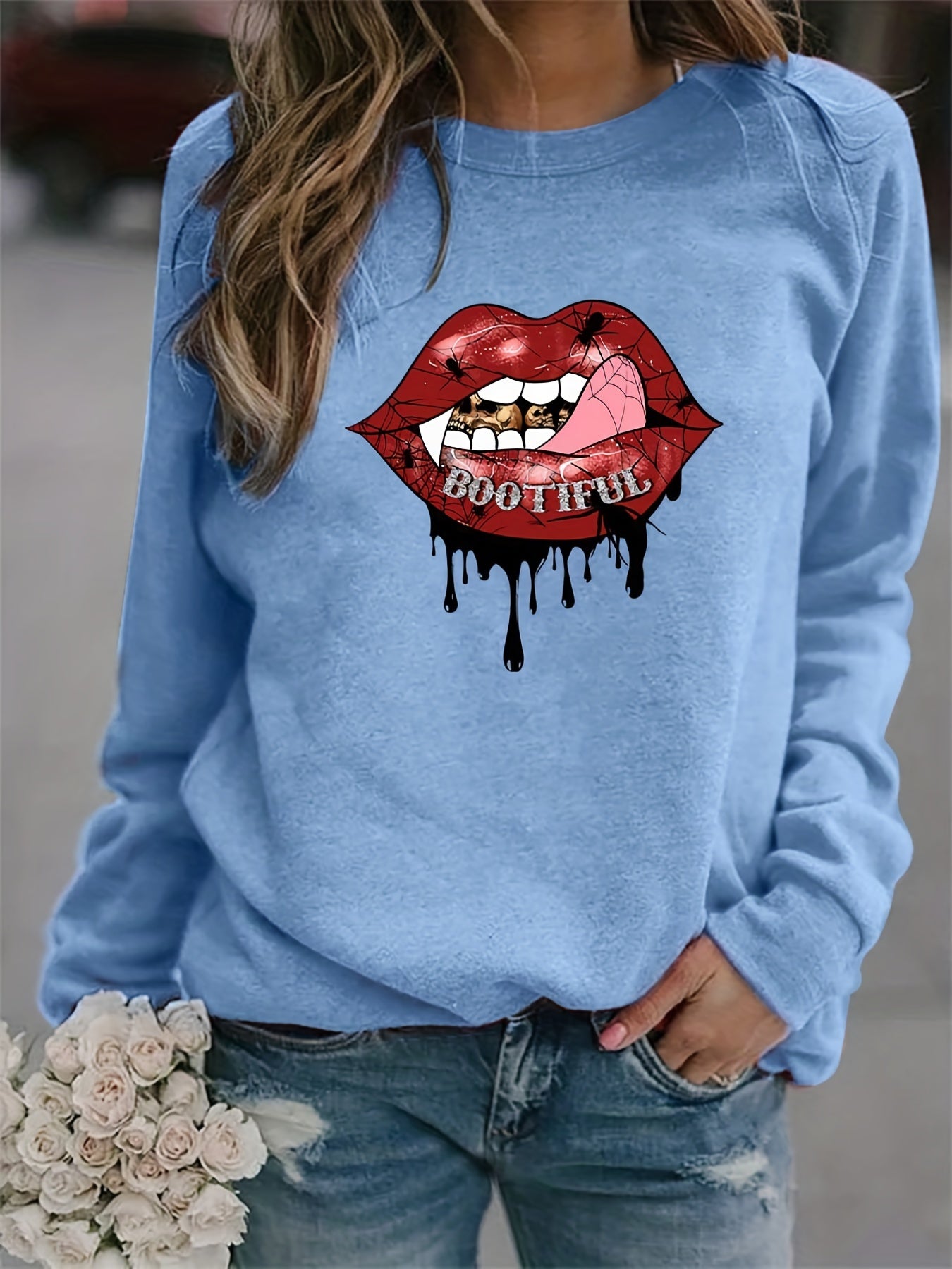 Lip Print Sweatshirt Casual Long Sleeve Crew Neck Women's Clothing