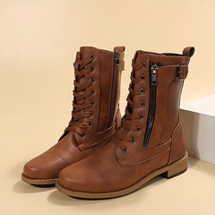 Women's Side Zip Hiking Boots Chunky Block Combat Outdoor Mid Calf Boots