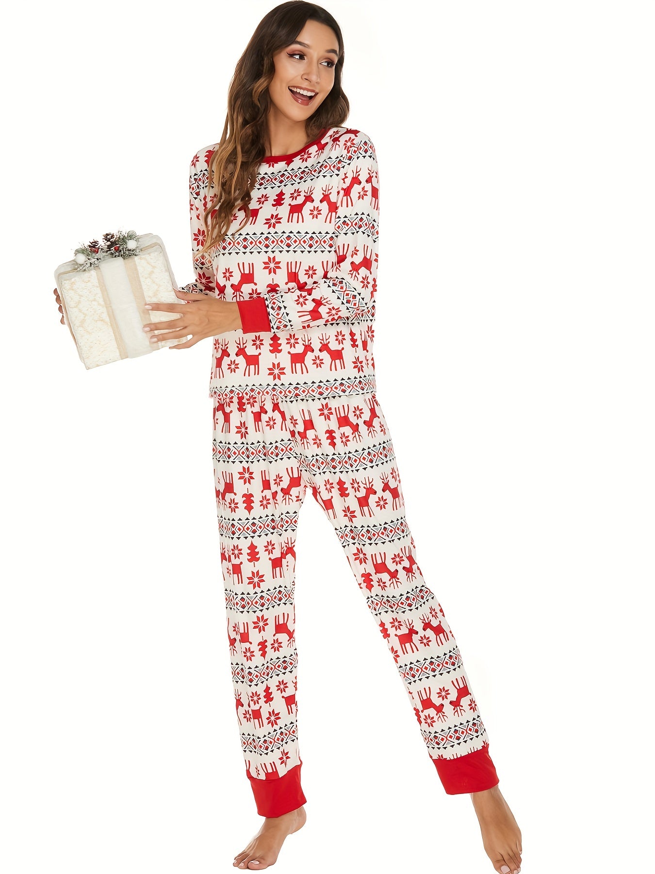 Christmas Elk Print Lounge Set Long Sleeve Top & Pants Women's Loungewear