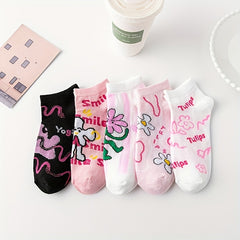 5 Pairs Floral Print Socks Comfy & Breathable Crew Socks Women's Stockings