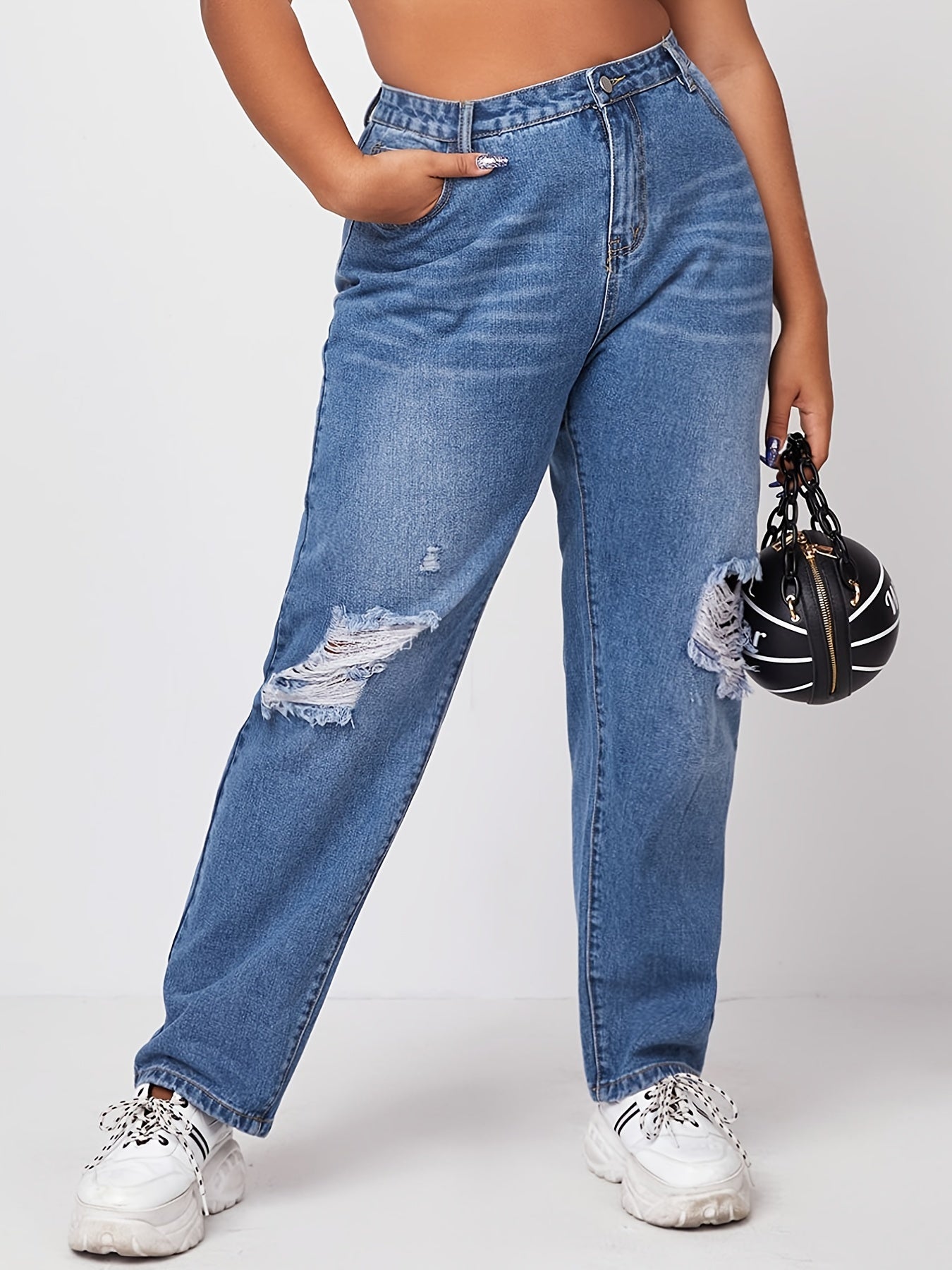 High Rise Ripped Straight Leg Jeans Women's Plus