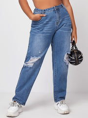 High Rise Ripped Straight Leg Jeans Women's Plus