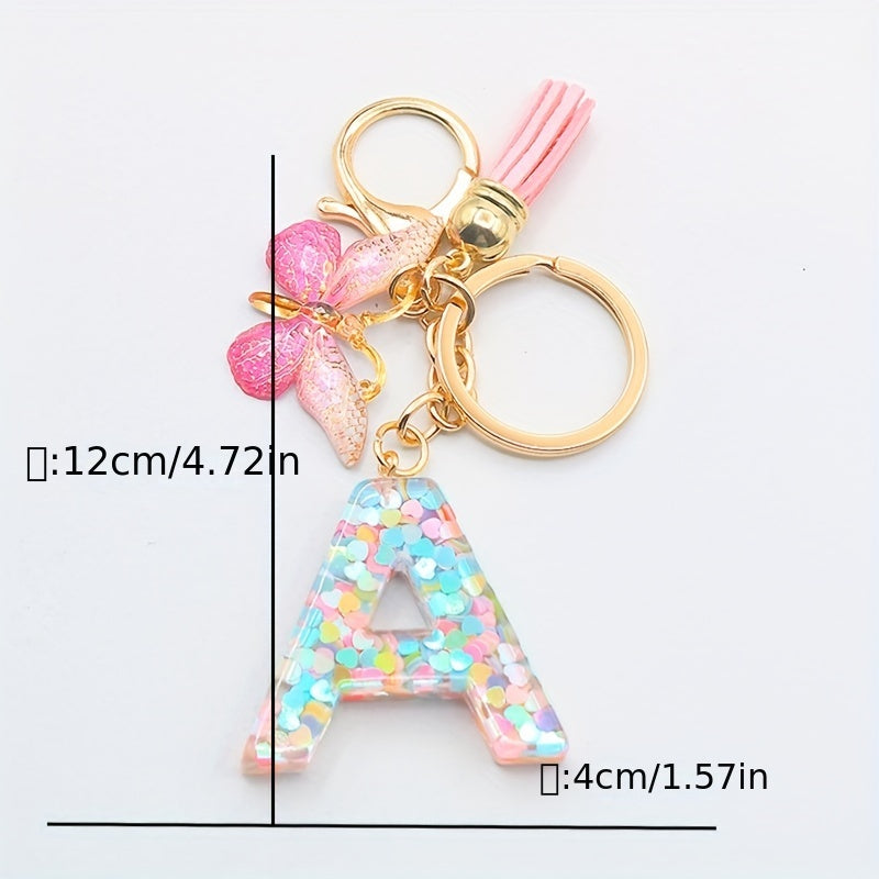 Initial Letter Keychain Butterfly Shape Pendant with Tassel Bag Ornament