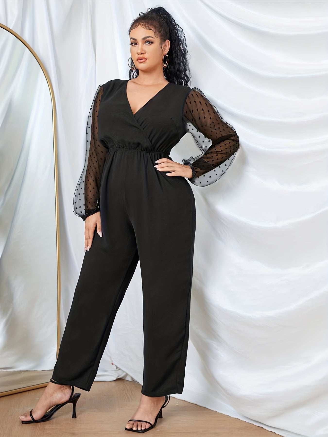 Mesh Dot Lantern Sleeve Jumpsuit