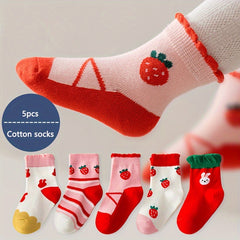 5 Pairs Boy's Cartoon Striped Crew Socks Breathable Casual Style