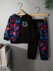 Boys 2pcs Sweatshirt & Pants Letter Graffiti Print Crew Neck Pullover Top