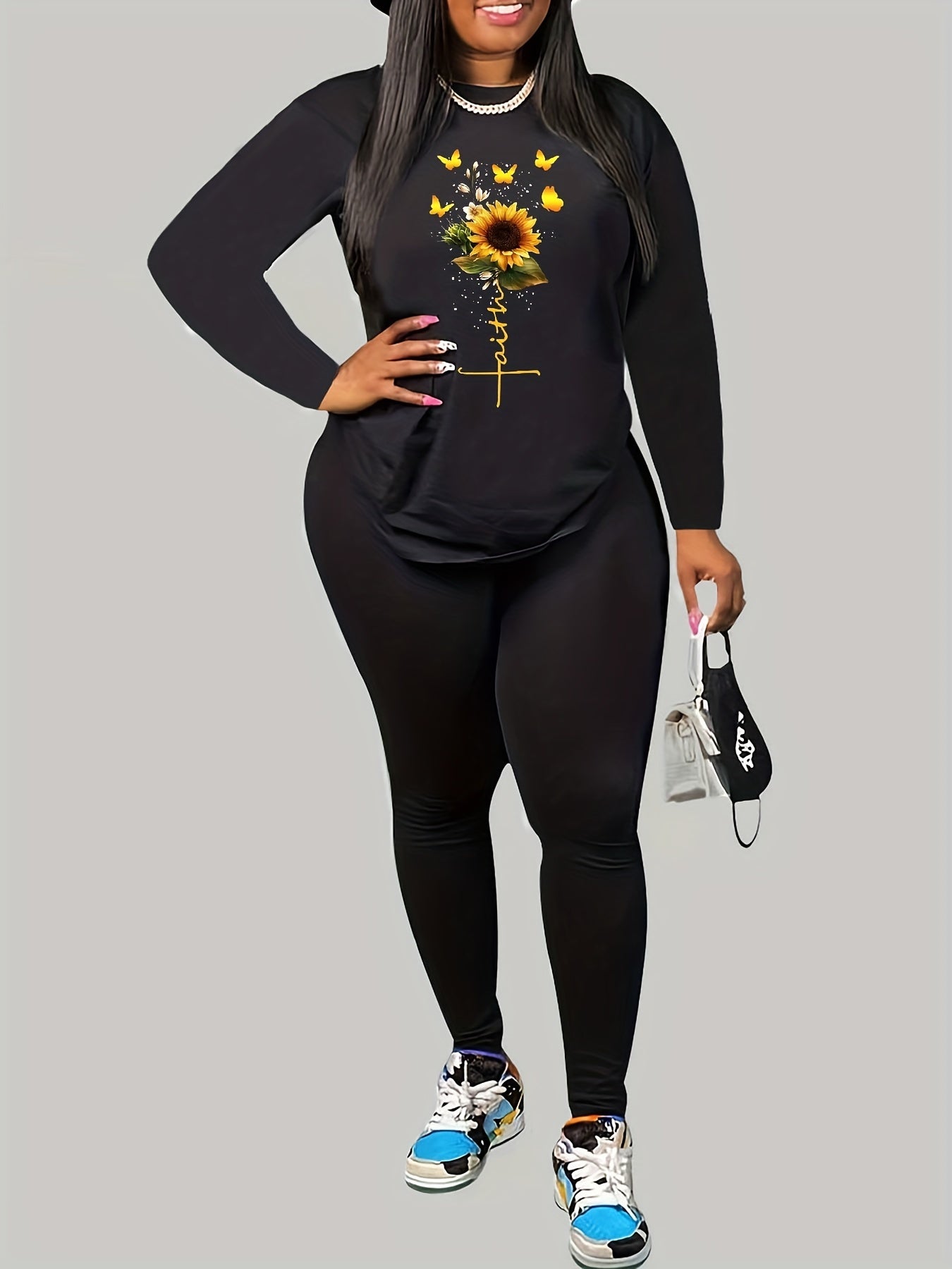 Women's Plus Letter & Sunflower Print Long Sleeve Top & Leggings Set