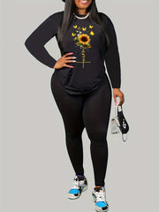 Women's Plus Letter & Sunflower Print Long Sleeve Top & Leggings Set