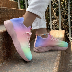 Women's Rainbow Sock Sneakers Knit Lace Up Low Top Running Shoes Lightweight