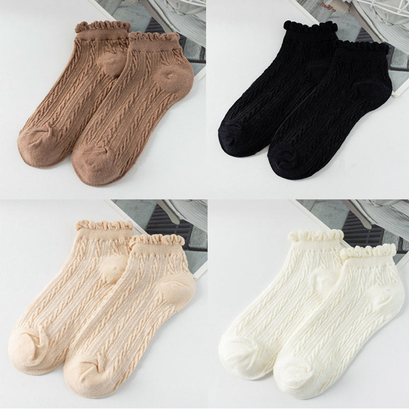4 Pairs Floral Trim Ankle Socks Textured Causual Women's Stocking