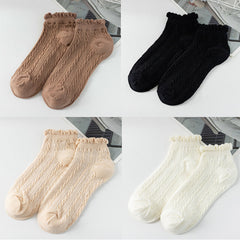 4 Pairs Floral Trim Ankle Socks Textured Causual Women's Stocking