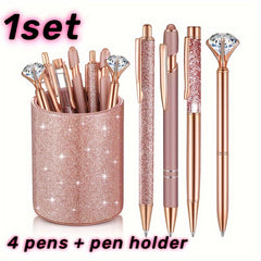 Metal Crystal Pen Set with Pen Holder, Glitter Fancy Ink Desktop Storage Box
