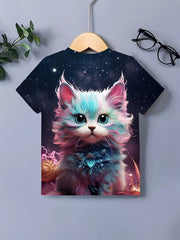 Girls Cat Graphic Short Sleeve T-shirt