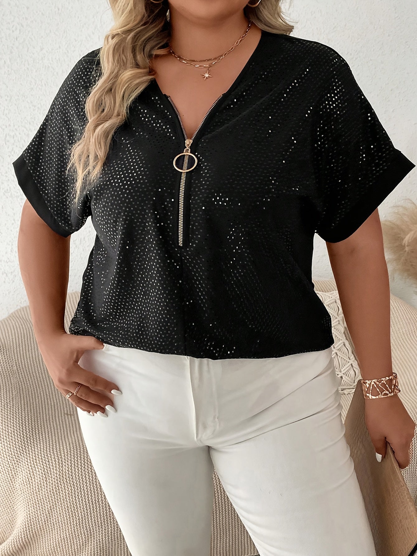 Women's Plus Sequin Zipper Short Sleeve V Neck Tunic Top