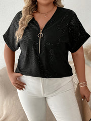 Women's Plus Sequin Zipper Short Sleeve V Neck Tunic Top
