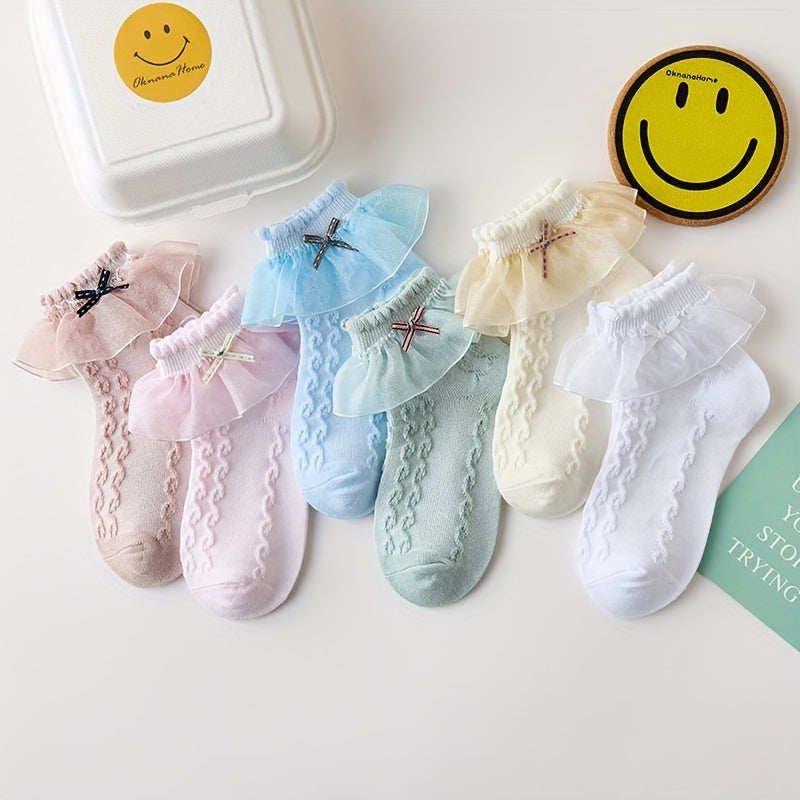 6 Pairs Girls Cotton Blend Ruffle Lace Short Crew Socks for Spring