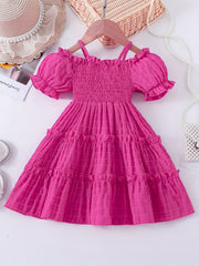 Toddler Girls Cold Shoulder Princess Dress Frill Trim Shirred Party Beach Vacati