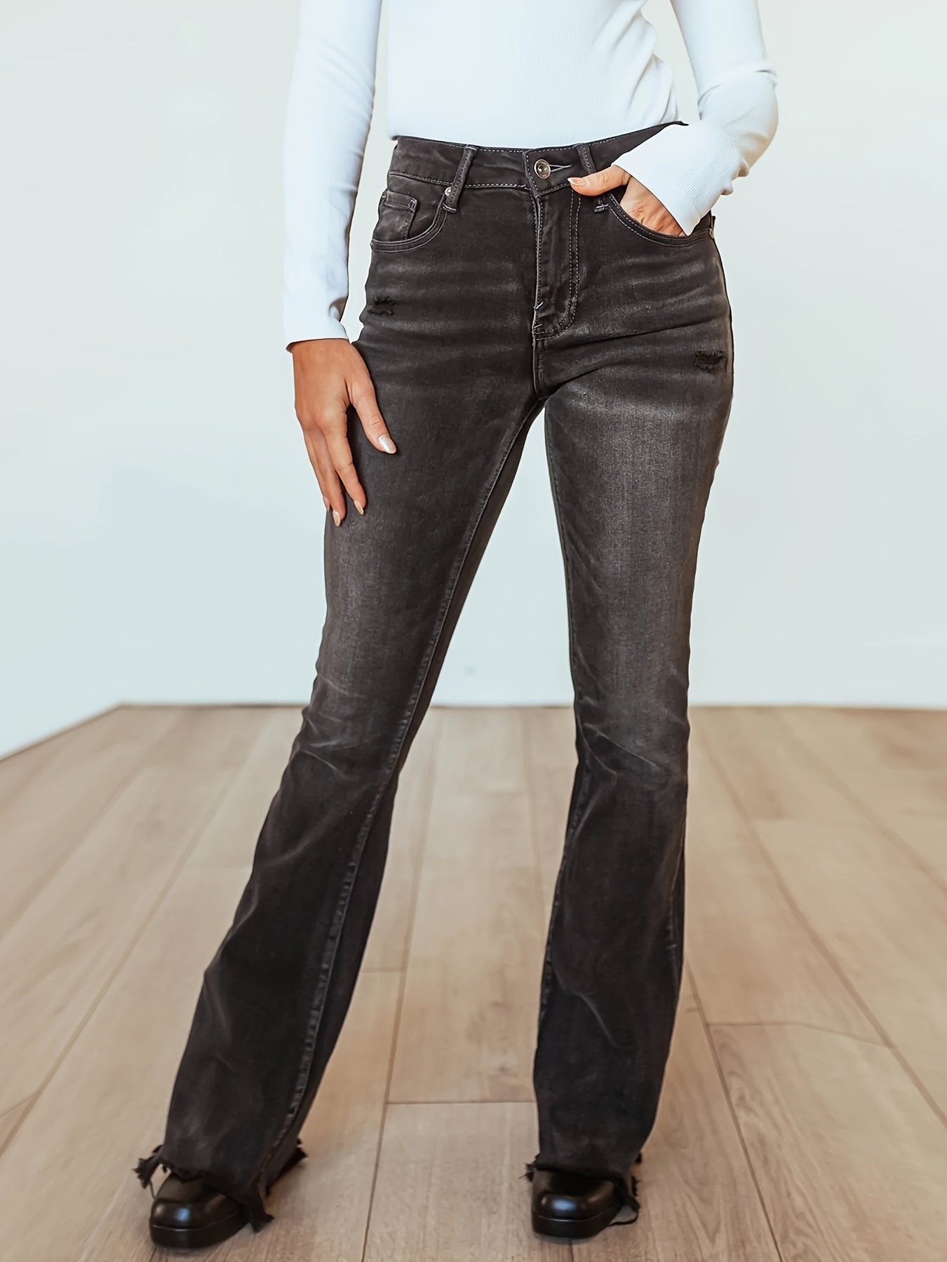 Water Ripple Embossed Bootcut Jeans Grey Wide Legs