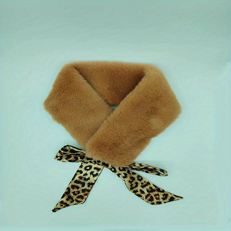 Leopard Print Faux Fur Lace Up Scarf Warm Windproof Neck Wrap For Women