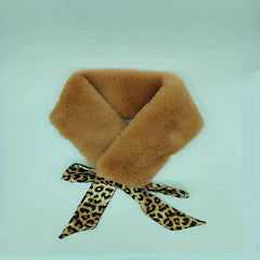 Leopard Print Faux Fur Lace Up Scarf Warm Windproof Neck Wrap For Women