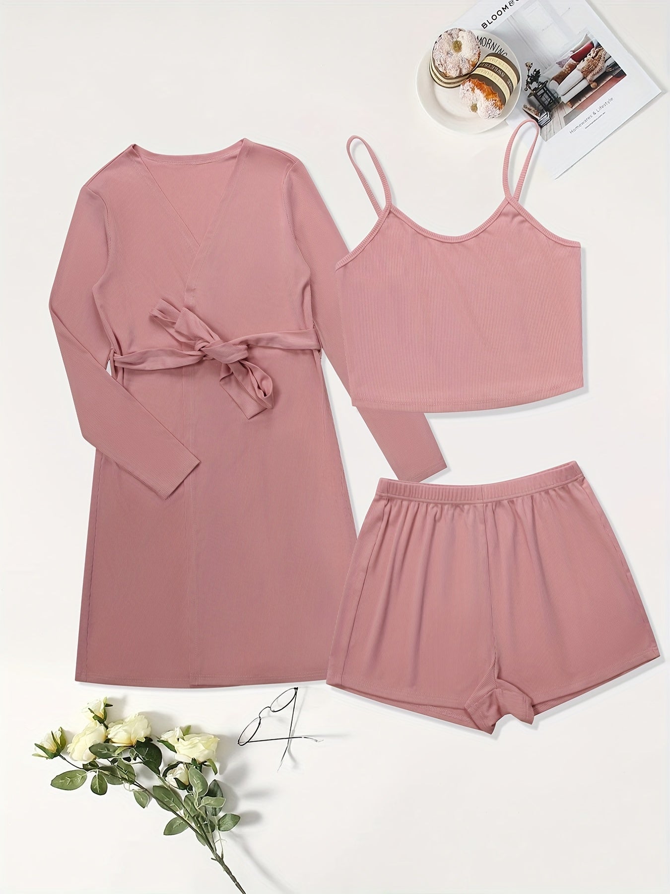 Ribbed Crop Top & Shorts & Cardigan Set