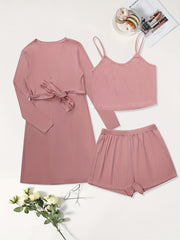 Ribbed Crop Top & Shorts & Cardigan Set