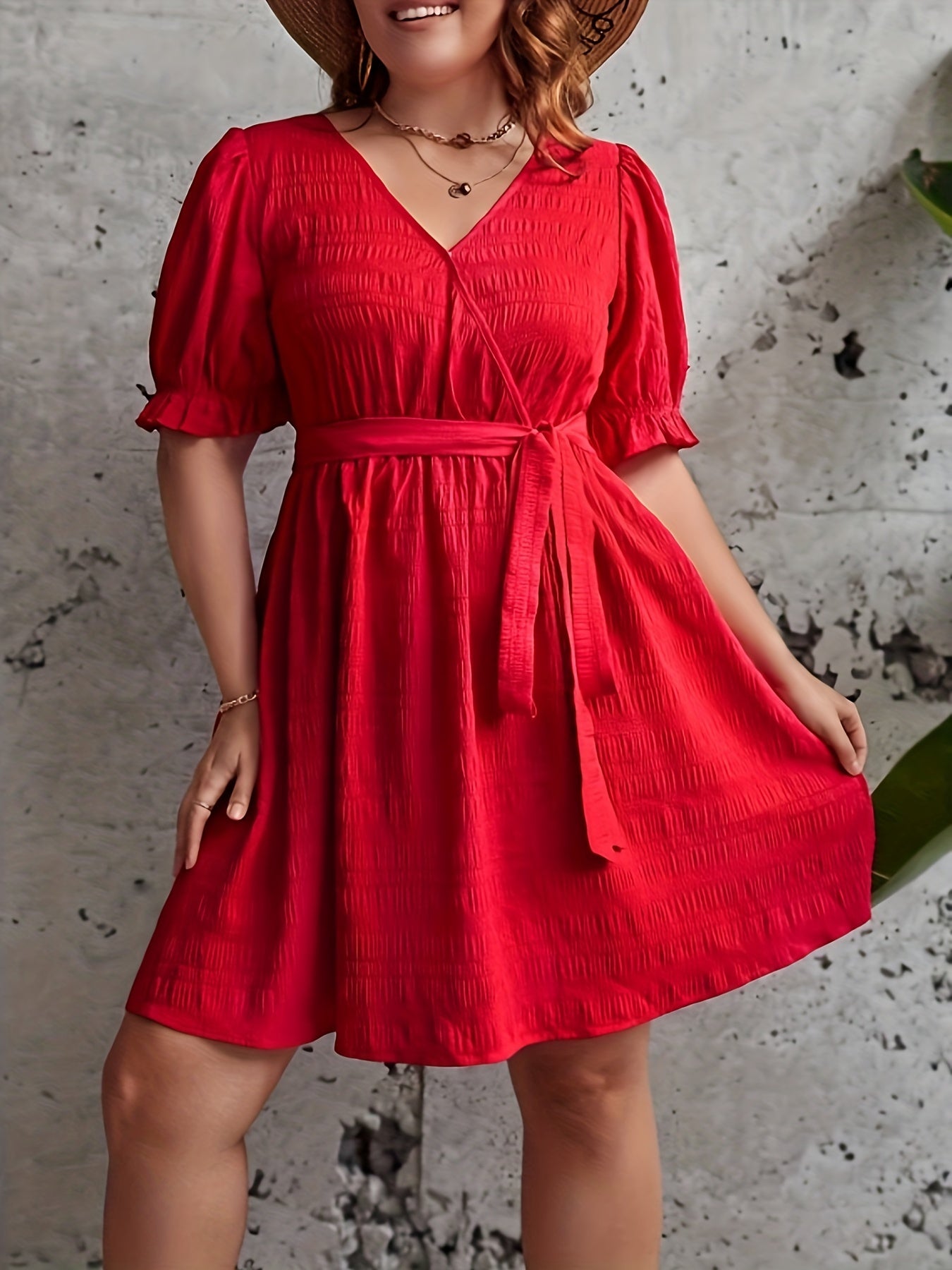 Plus Size Solid Ruffle Trim Puff Sleeve Dress With Belt