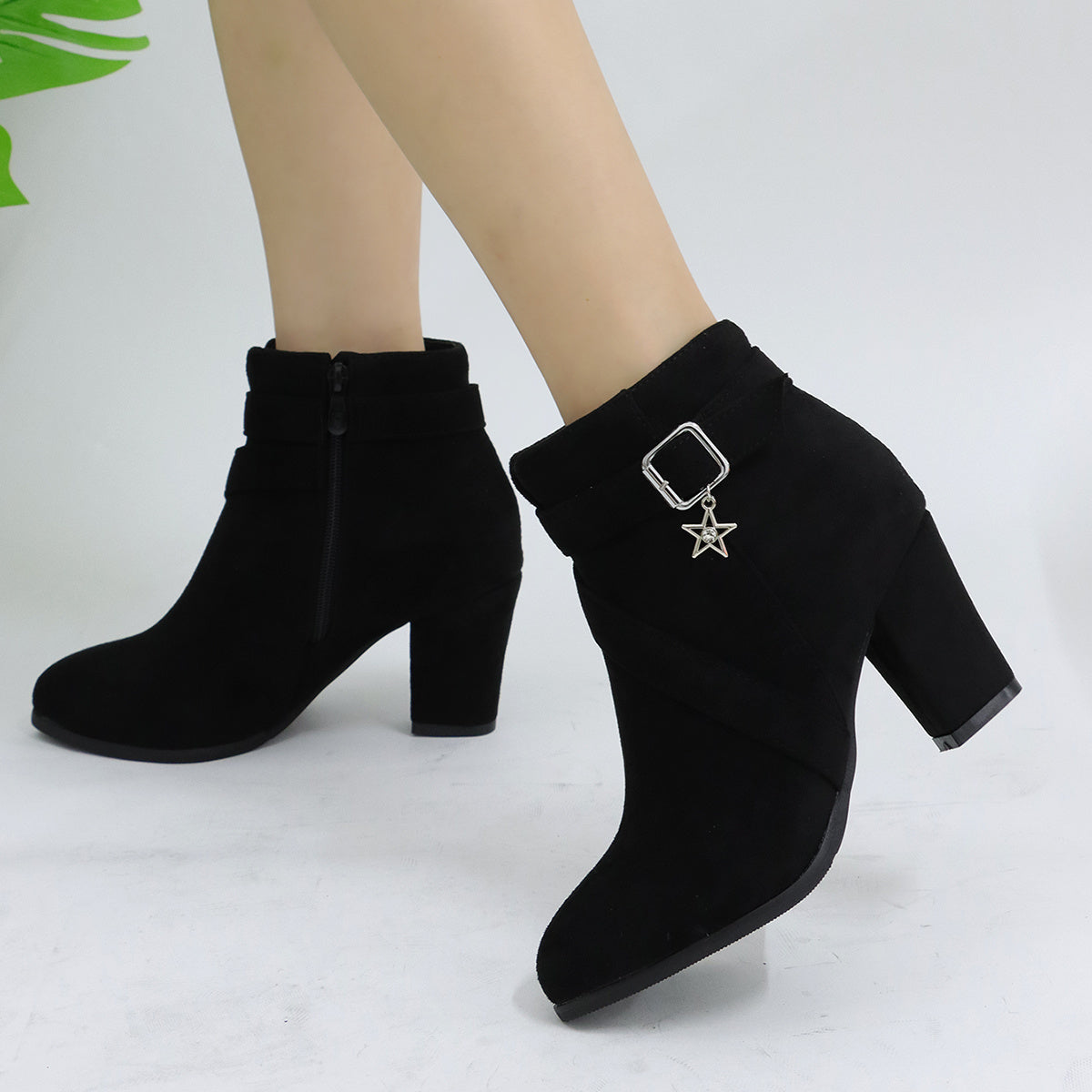 Women's Star Buckle Ankle Boots Block High Heels Round Toe
