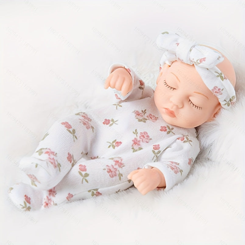 8 Inch Reborn Baby Doll Floral Outfit & Bow Headband PVC Beige Infant Doll