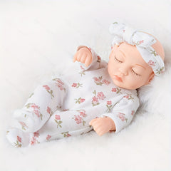 8 Inch Reborn Baby Doll Floral Outfit & Bow Headband PVC Beige Infant Doll