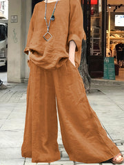 Casual Outfits Set Women's Plus Solid Top & Wide Leg Pants