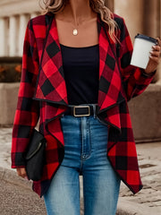 Plaid Print Open Front Jacket Long Sleeve Lapel Jacket