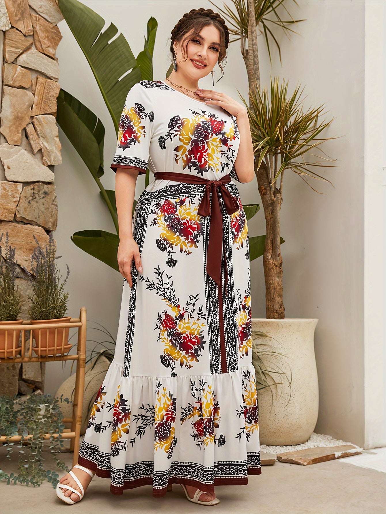Floral Print Maxi Dress with Belt