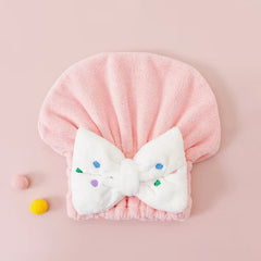 Kids Shower Cap Bow Dry Hair Coral Fleece Towel Cap