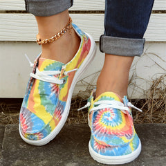 Tie Dye Flower Boat Shoes Lace Up Canvas Lightweight Breathable Walking Shoes