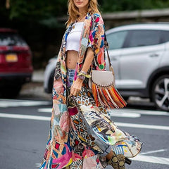 Colorful Anime Print Beach Robe Boho Style Cover Up Kimono Cardigan