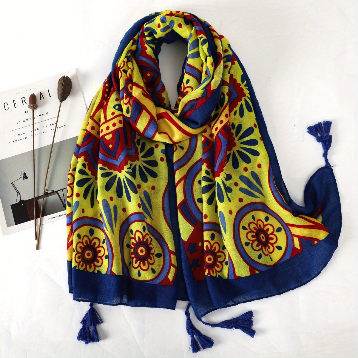 Boho Yellow Print Scarf Vintage Tassel Shawl Classic Windproof Head Large Towel