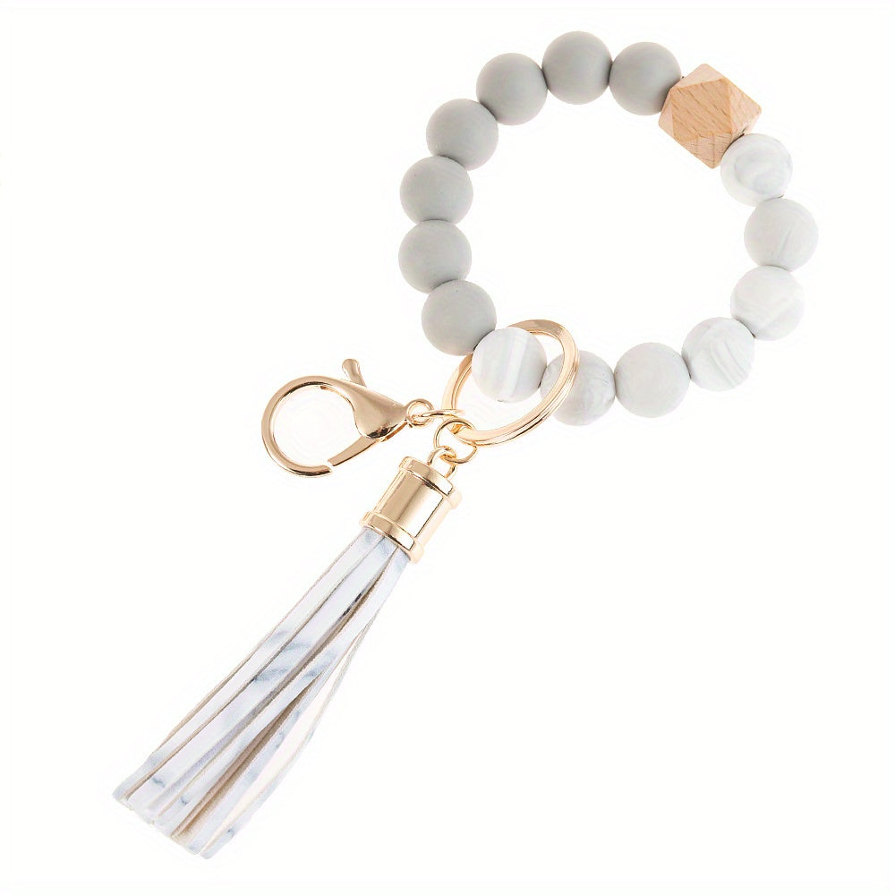 Silicone Keychain Tassel Wooden Beads Wrist Keyrings Bracelet