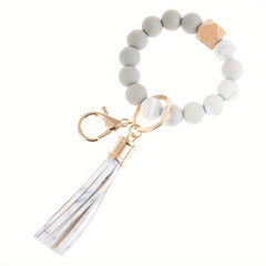Silicone Keychain Tassel Wooden Beads Wrist Keyrings Bracelet
