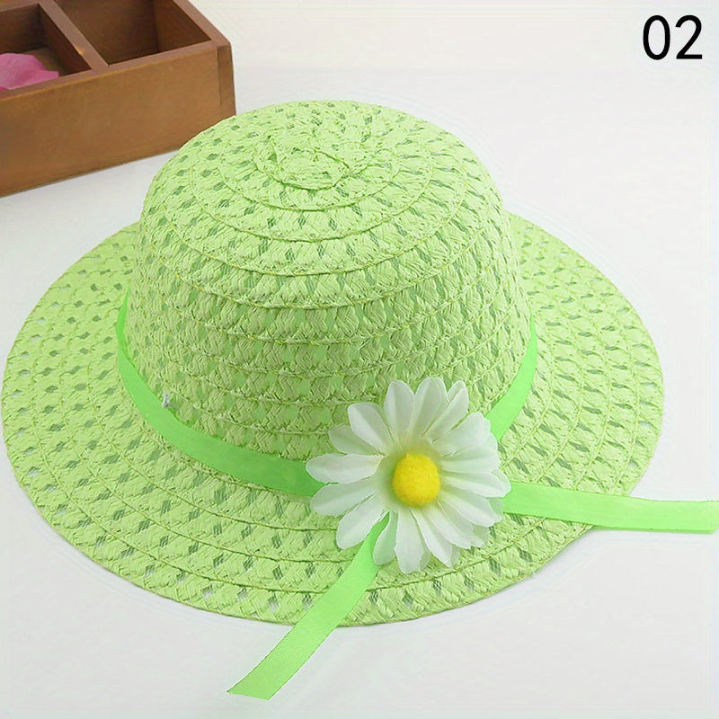 Girls Floral Straw Sun Hat Lightweight Sunscreen Breathable Cap for Kids