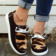 Leopard Print Boat Shoes Lace Up Low Top Casual Walking Shoes