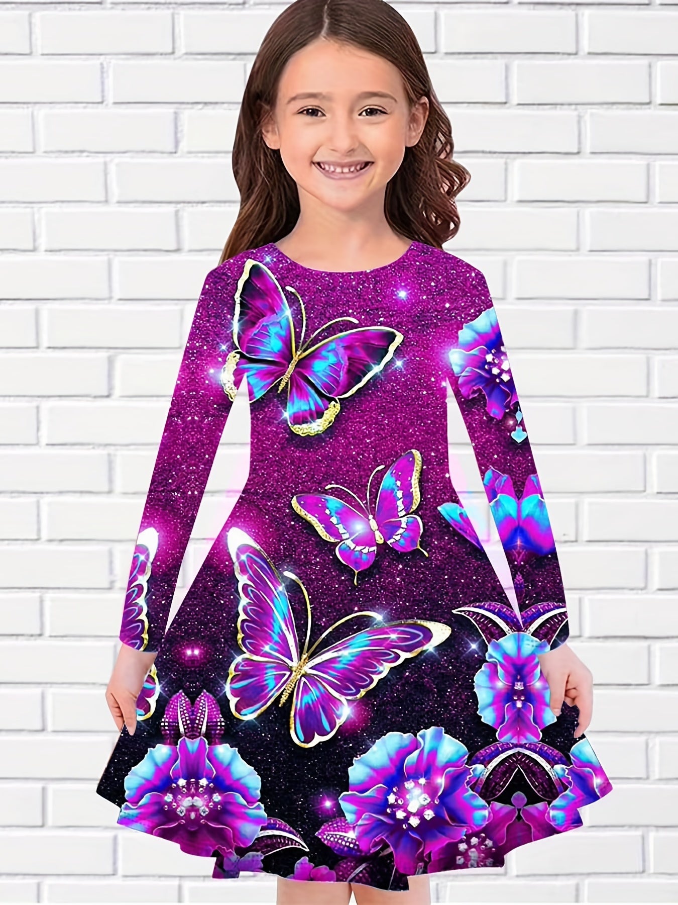 Dreamy Butterfly Starry Night Long Sleeve Dress Girls Party