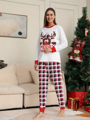 Christmas Elk Print Pajama Set Long Sleeve Top & Plaid Pants