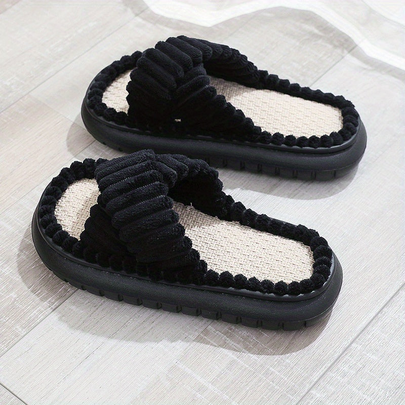 Women's Cross Strap Pillow Slippers Plush Lined Linen Shoes