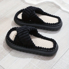 Women's Cross Strap Pillow Slippers Plush Lined Linen Shoes